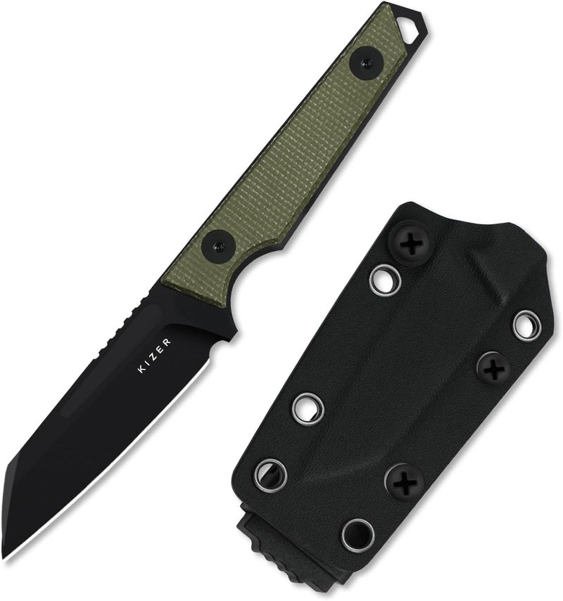 KIZER Phasmids Fixed Blade Knife with Sheath, 2.78" D2 Steel Full Tang Camping Knife with Green Micarta Handle, EDC Knives for Hiking 1079M1 - Image 1